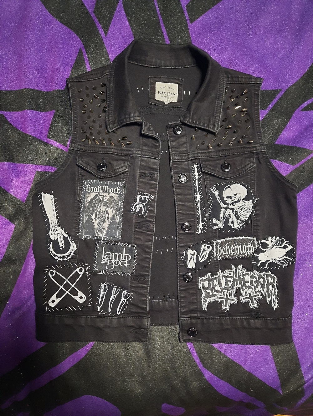 Wax Jean Black Denim Vest with White Stitching Accents And Patches